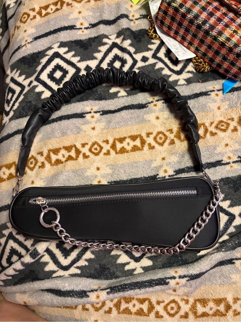 Akira NWOT Black Chain-Trim Shoulder Bag with Ruched Handle